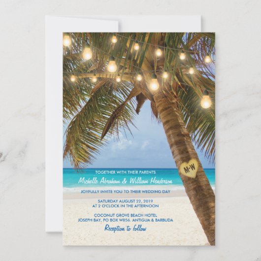 Invitation Mariage Tropical Beach and String Lights (Devant)