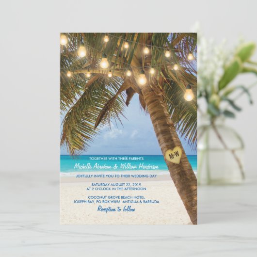 Invitation Mariage Tropical Beach and String Lights (Debout devant)