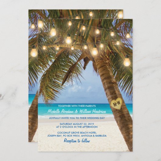 Invitation Mariage Tropical Beach and String Lights (Devant / Derrière)