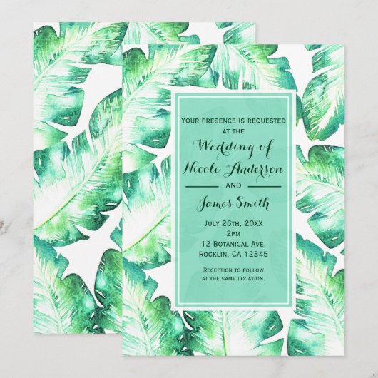 Invitation Mariage Tropical Blanc et Vert à la Plage (Devant / Derrière)