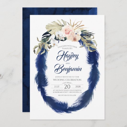 Invitation Mariage Tropical bleu et rose Pampas Grass Navy (Devant / Derrière)