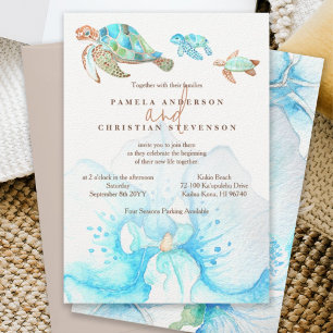 Invitation Mariage Tropical Blue Orchid & Sea Turtles