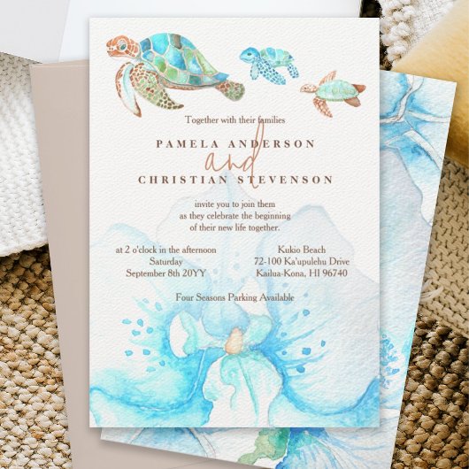 Invitation Mariage Tropical Blue Orchid & Sea Turtles