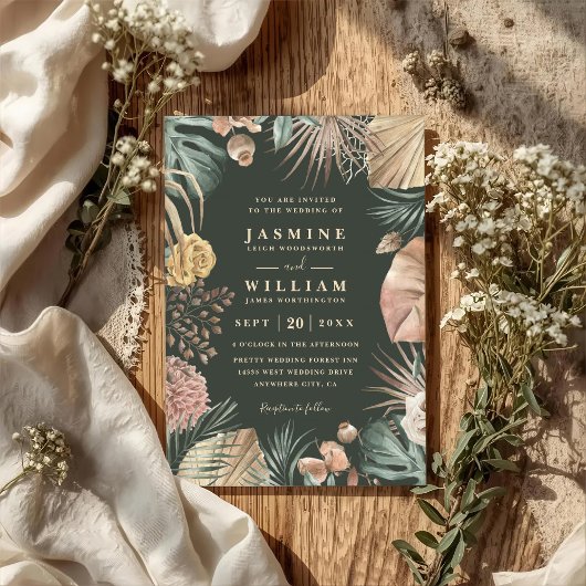 Invitation Mariage tropical boho floral rustique avec code QR