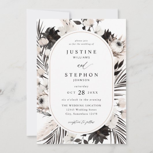 Invitation Mariage tropical Boho noir et blanc (Devant)