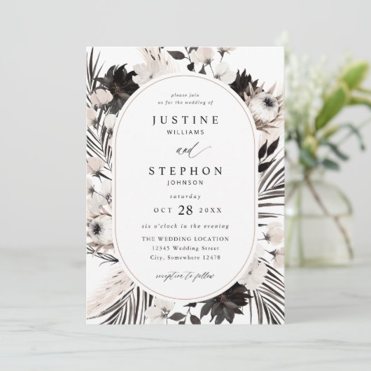 Invitation Mariage tropical Boho noir et blanc (Debout devant)