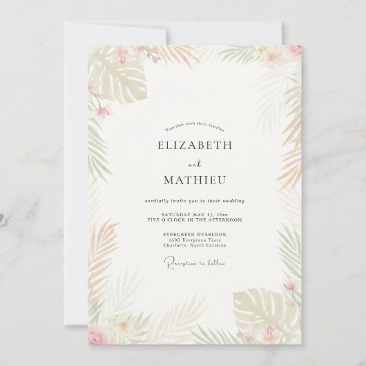 Invitation Mariage Tropical Champagne Palmier Eucalyptus (Devant)