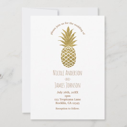 Invitation Mariage Tropical Chic Moderne Blanc Ananas Doré (Devant)