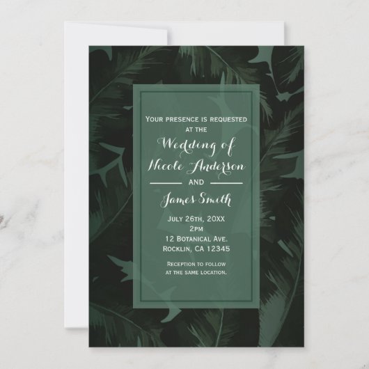 Invitation Mariage tropical chic vert et noir avec feuilles (Devant)