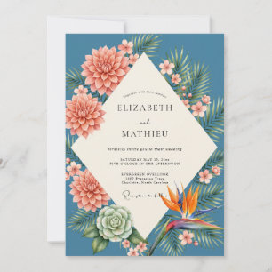Invitation Mariage Tropical Corail Eucalyptus Ardoise