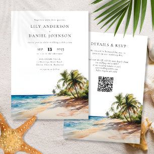 Invitation Mariage tropical de plage à code QR aquarelle