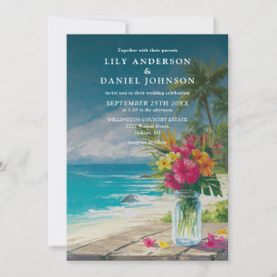 Invitation Mariage tropical de plage océan floral Mason Jar