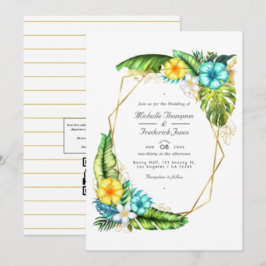 Invitation Mariage tropical d'été Aloha géométrique avec code (Devant / Derrière)