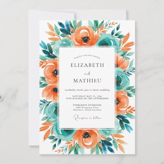 Invitation Mariage Tropical Distinctif Orange Turquoise (Devant)