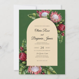 Invitation Mariage Tropical Doux Eucalyptus Protéa Cramoisi