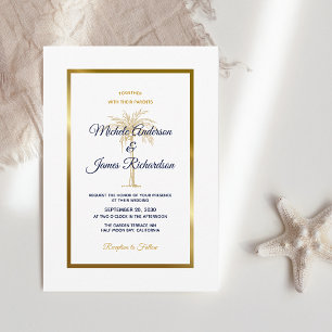 Invitation Mariage Tropical Élégant Arbre à Palmes Or Blanc N