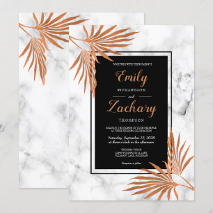 Invitation Mariage Tropical Élégant Marbre Cuivre Noir Blanc