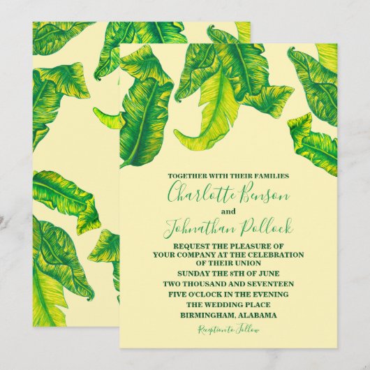 Invitation Mariage tropical élégant Tropicana Gold Leaves (Devant / Derrière)
