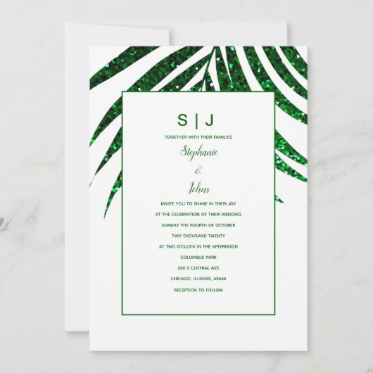 Invitation Mariage tropical Emerald Green Parties scintillant (Devant)