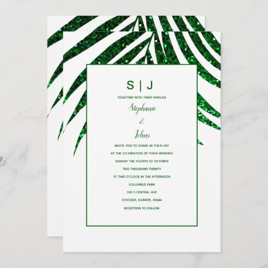 Invitation Mariage tropical Emerald Green Parties scintillant (Devant / Derrière)