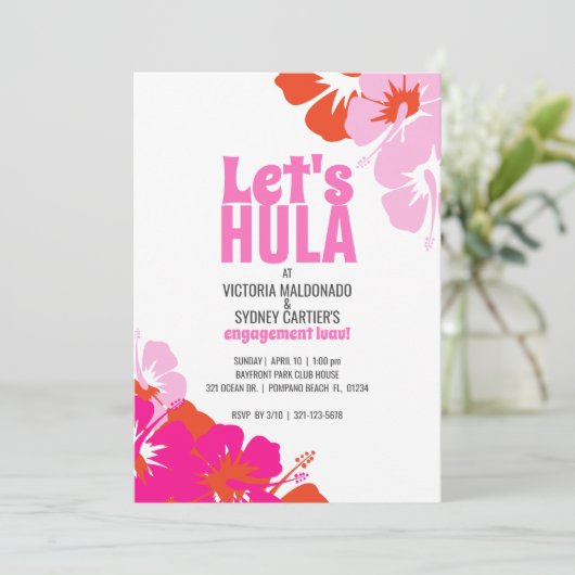 Invitation mariage tropical ENGAGEMENT DOUCHE rose orange lua (Debout devant)