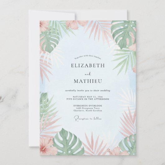 Invitation Mariage Tropical Eucalyptus Menthe Pêche (Devant)