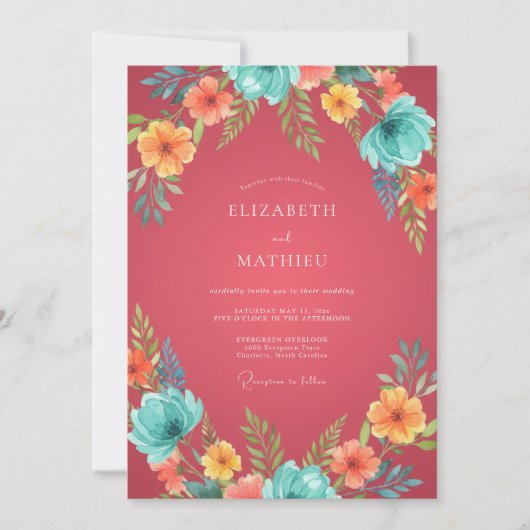 Invitation Mariage Tropical Fantaisiste Rose Corail (Devant)
