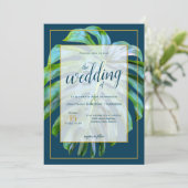 Invitation Mariage Tropical Feuille Monstera bleu foncé or (Debout devant)