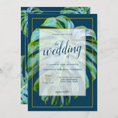 Invitation Mariage Tropical Feuille Monstera bleu foncé or (Devant / Derrière)