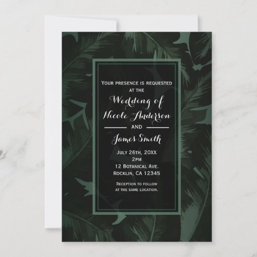 Invitation Mariage Tropical Feuilles Chic Vert & Noir (Devant)