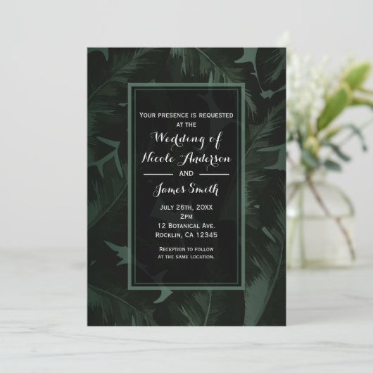 Invitation Mariage Tropical Feuilles Vert & Noir Chic (Debout devant)