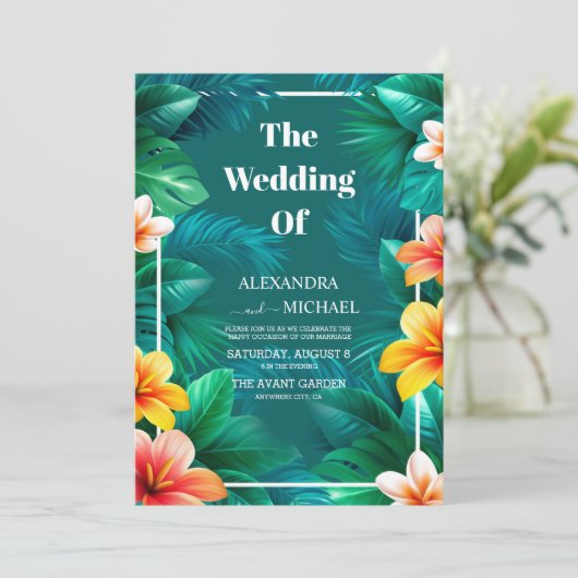 Invitation Mariage tropical floral (Debout devant)