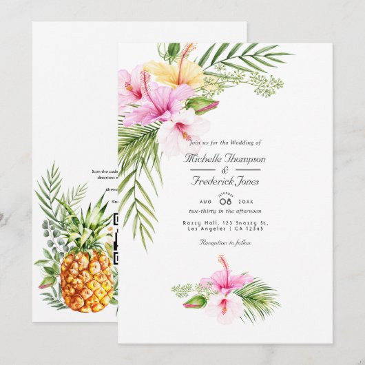 Invitation Mariage Tropical Floral Aloha QR Code RSVP (Devant / Derrière)