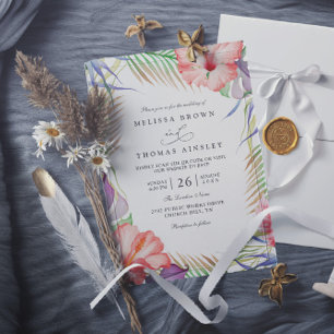 Invitation Mariage tropical floral code QR Luau hawaïen