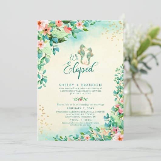 Invitation Mariage Tropical Fuite Réception Fleurs Hippocampe (Debout devant)