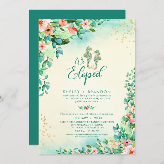 Invitation Mariage Tropical Fuite Réception Fleurs Hippocampe (Devant / Derrière)