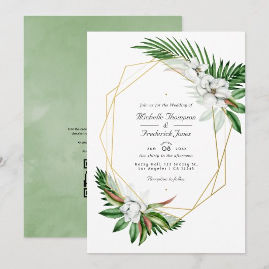 Invitation Mariage tropical géométrique avec code QR RSVP (Devant / Derrière)