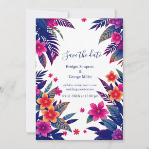 Invitation Mariage Tropical Hawaïen Floral Rose Navy