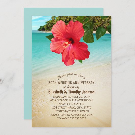 Invitation Mariage Tropical Hibiscus sur la Plage Fête d'Anni (Devant / Derrière)