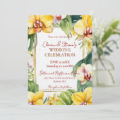 Invitation Mariage Tropical Jaune Orchidée et Feuillage Doré (Debout devant)
