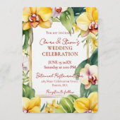 Invitation Mariage Tropical Jaune Orchidée et Feuillage Doré (Devant)