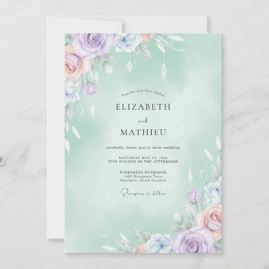 Invitation Mariage Tropical Menthe Améthyste Peint (Devant)