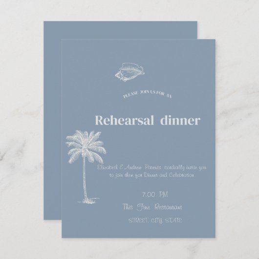 Invitation Mariage tropical minimaliste Dusty Blue (Devant / Derrière)