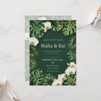 Invitation Mariage Tropical Monstera Orchidée Blanche Vert Fo