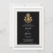Invitation Mariage Tropical Noir Blanc & Or Ananas (Devant)