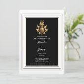 Invitation Mariage Tropical Noir Blanc & Or Ananas (Debout devant)