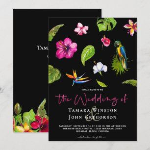 Invitation Mariage Tropical Noir Rose Floral Verdure Plage