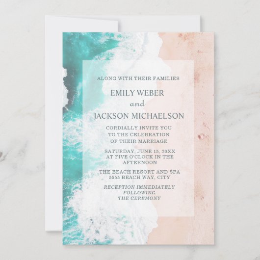 Invitation Mariage Tropical Océan Sarcelle Blanc Marron (Devant)