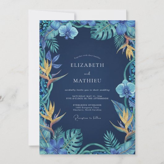 Invitation Mariage Tropical Orchidée Navy (Devant)