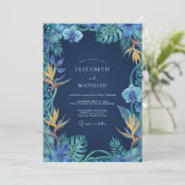 Invitation Mariage Tropical Orchidée Navy (Debout devant)